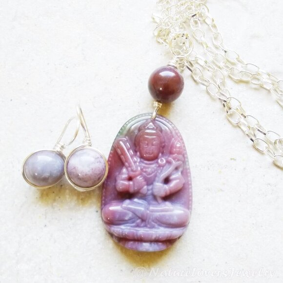 Guanyin ~ Mauve India Agate Amulet Necklace & Earring Set! Quan Yin Buddhism - Picture 1 of 13